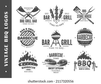 Vintage Barbecue Grill Labels isolated on white background. Set of BBQ Logo Templates for design. Vector illustrations