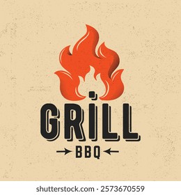 Vintage barbecue grill logo with a fire flame design and retro typography. Grill BBQ logo. Perfect for BBQ branding or food design projects. Vector illustration