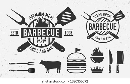 Vintage Barbecue logo with bbq utensils. Steak House logo template with grill fork, spatula, burger, beef. Emblem set for Restaurant business. Butchery, Barbecue, Steak House.  Vector illustration