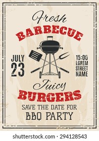 Vintage barbecue party invitation. BBQ, food flyer template. Vector illustration.