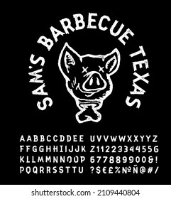 Vintage barbecue restaurant logo. Bbq Retro print with dead hog head grunge rustic illustration. Textured effect. Pig head badge and hand-drawn alphabet. Rustic roughen typeface.