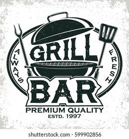 Vintage barbecue restaurant logo design,  grange print stamp, creative grill bar typography emblem, Vector