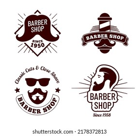 Vintage Barber Badges. Salon For Gentleman Haircut Old Sign. Male Face With Hipster Mustache Or Beard Logotype. Classic Cuts, Close Shave Premium Quality Service For Men Vector Isolated Set