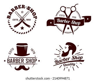 Vintage barber badges set for fashion hairstyle. Vector barber grooming badge, hairdresser barbershop stickers illustration