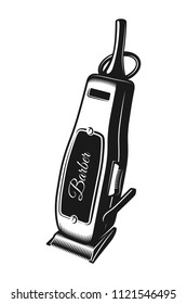 Vintage barber electric hair clipper concept in monochrome style isolated vector illustration