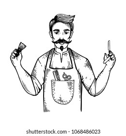 Vintage barber engraving vector illustration. Scratch board style imitation. Black and white hand drawn image.