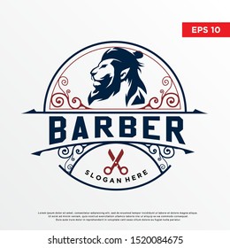 vintage barber lion logo, samurai cut style. template icon design