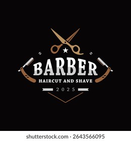 Vintage barber logo design with scissors, razors, and bold text. Perfect for barbershop identity, male grooming, haircut services, retro-style signage, or masculine salon branding.
