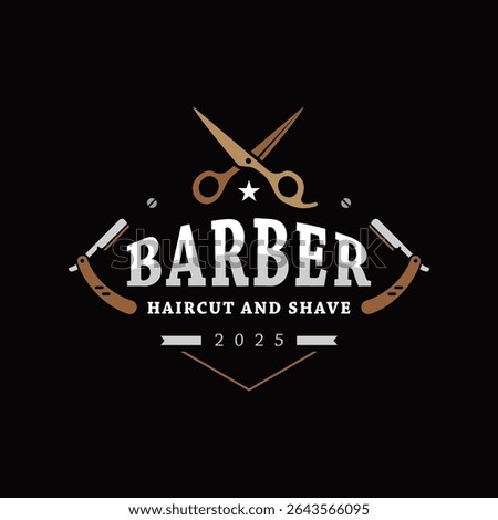Vintage barber logo design with scissors, razors, and bold text. Perfect for barbershop identity, male grooming, haircut services, retro-style signage, or masculine salon branding.