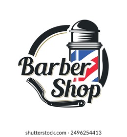 Vintage barber logo with red and blue stripes, blending retro charm and modern appeal for grooming businesses