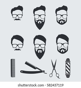 Vintage Barber Logo Tools and Elements Icon. Vector Illustration Drawing