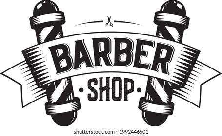 Vintage Barber Pole shop sign, Hipster modern logo, Retro brand, Hair salon label, Classic old style branding, Hand drawing artwork