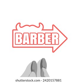 Vintage barber shop emblem or label. Monochrome linear style. Mustache icon with arrow and text