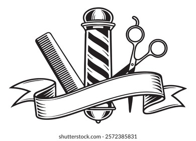 Vintage Barber Shop Emblem with Scissors, Comb, and Ribbon.