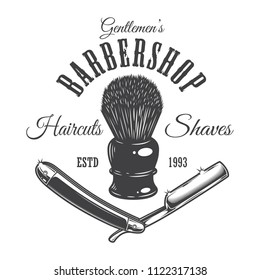 Vintage barber shop logo concept with shaving brush and razor in monochrome style isolated vector illustration