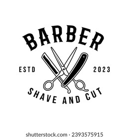 vintage barber shop logo, emblem, badge, label. Can be used to print t-shirt posters. handmade vector illustration