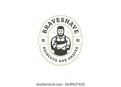 Vintage barber shop logo featuring a bearded man, surrounded by elegant text and a circular frame. Perfect for grooming services, barbershops, and fashion businesses. Vector illustration