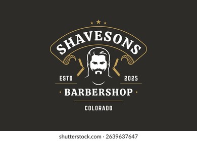 Vintage barber shop logo featuring male face portrait with razors, stars, and elegant text in retro style. Vector illustration