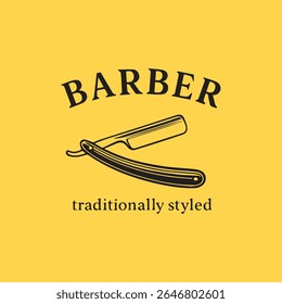 Um logotipo vintage da barbearia com uma ilustração clássica de barbear preto reto com o texto "BARBER" acima e "tradicionalmente estilizado" abaixo em um fundo amarelo quente. 