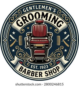 Vintage barber shop logo featuring a classic red chair, scissors, and grooming tools