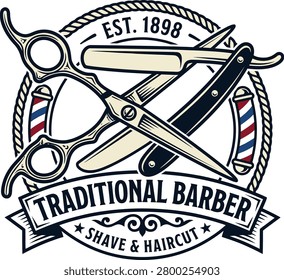 Vintage barber shop logo featuring scissors and a straight razor, established in 1898, with decorative elements