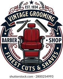 Vintage barber shop logo featuring a classic barber chair, grooming tools, and established date