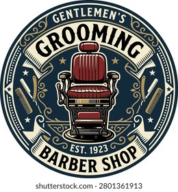 Vintage barber shop logo featuring a classic red barber chair and grooming tools in a circular design