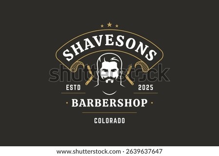 Vintage barber shop logo featuring male face portrait with razors, stars, and elegant text in retro style. Vector illustration