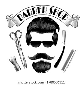 Vintage Barber shop logo, label, badge, logo. Men's hair, mustache, beard, straight razor, comb and scissors. Vintage engraving stylized drawing. Vector illustration