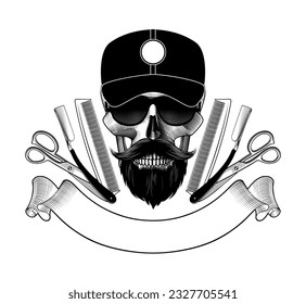 Vintage barber shop logo, label, badge, logo. A human skull with a beard and mustache with crossed razors, scissors and combs. Antique engraving, stylized drawing. Vector illustration