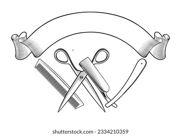 Vintage barber shop logo, label, badge, logo. Straight razor, scissors, brush stand and comb. Barbershop tools. Vintage stylized drawing. Vector illustration