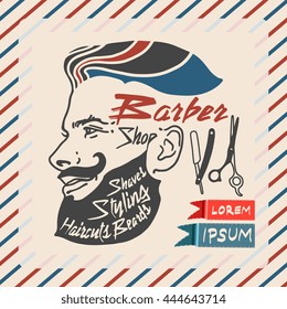 Vintage barber shop logo / label / badge isolated on abstract background