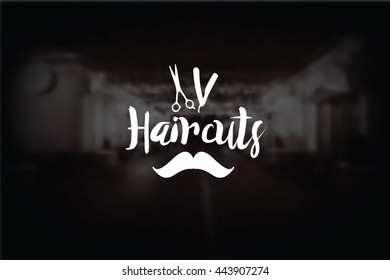 Vintage Barber Shop logo with mustache, scissors and razor. Stock vector on the black background