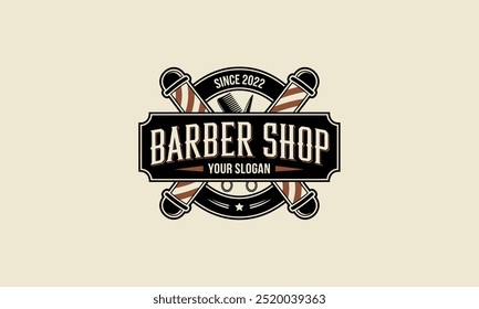 um logotipo vintage barber shop com varas de barbeiro.