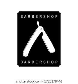 Vintage barber shop logo template with old razor. Vector illustration isolated on white background.