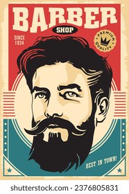 Vintage barber shop poster with man portrait. Shaving and haircut advertisement. Hipster vector illustration design.