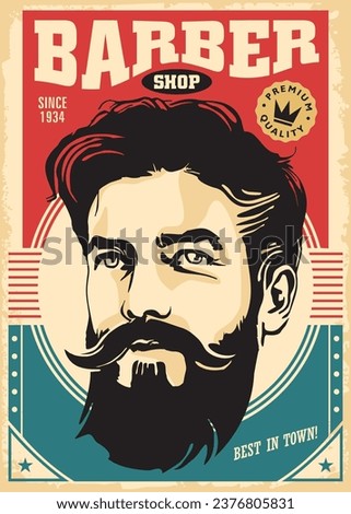 Vintage barber shop poster with man portrait. Shaving and haircut advertisement. Hipster vector illustration design.