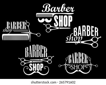 Vintage barber shop or salon emblems and logos including open and close scissors, combs and retro curled mustaches with headers Barber Shop on black background