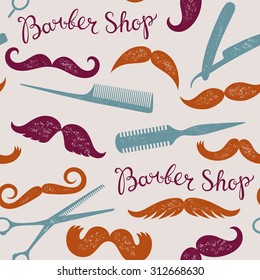 Vintage barber shop seamless pattern. Calligraphy "Barber shop".