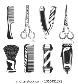 Vintage barber shop set items. Barbershop  equipments. Barber pole, Razor blade, hair clipper, scissors, comb, straight razor. Vector retro barber elements isolated on white background