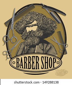 Vintage barber shop sign board with bearded man, scissors, razor.