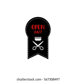 Vintage barber shop sticker with 24/7 sign.
A tag with a comb and scissors.
Open lettering. Hipster vector illustration.