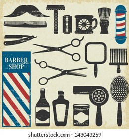 Vintage Barber Shop Tools Silhouette Icons Set 1