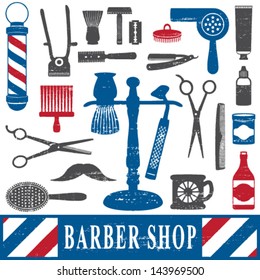 Vintage barber shop tools silhouette icons set 2