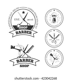 Vintage barber shop vector logo set. Barbershop labels or barber shop emblems with comb and scissors, hair dryer and shaving brush