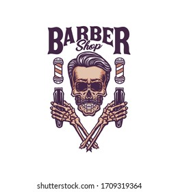 Vintage barber skull, hand drawn line with digital color, vector illustration