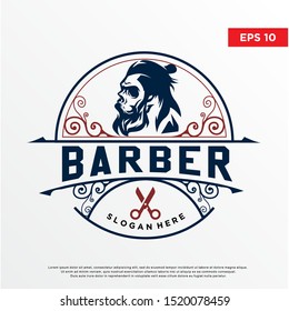 vintage  barber skull logo, samurai cut style. template icon design