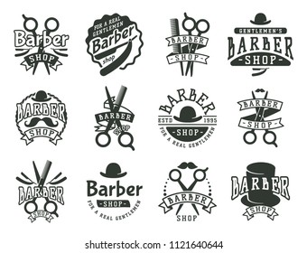 Vintage barber vector logo retro style haircutter typography flourishes calligraphic barbershop icon illustration.