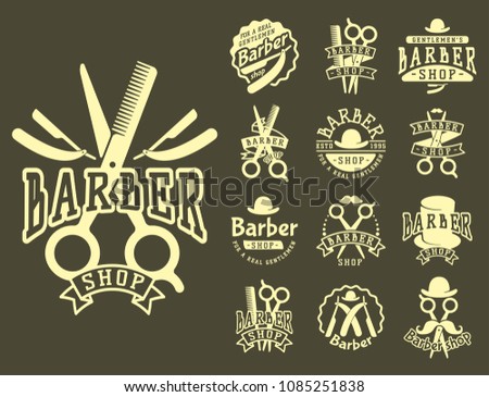 Vintage barber vector logo retro style haircutter typography flourishes calligraphic barbershop icon illustration.