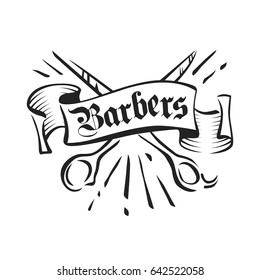 Vintage barbers vector emblem, badge, sign, sticker layout. Scissors and ribbon ink illustration